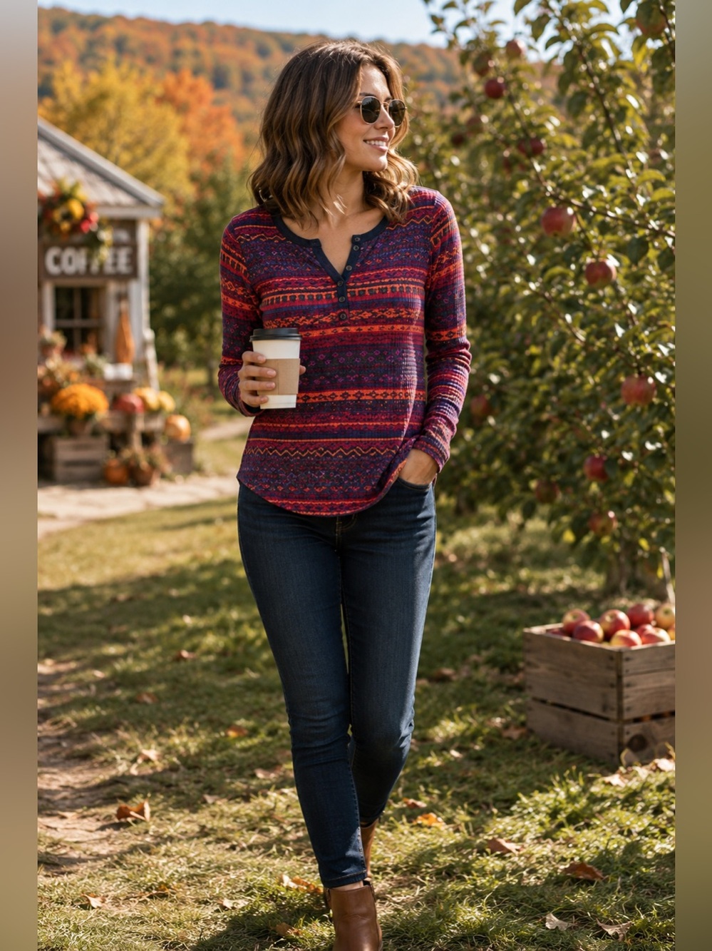 Splendid Fair Isle Waffle Knit Henley Thermal Top | Boho Fall Layer | Medium